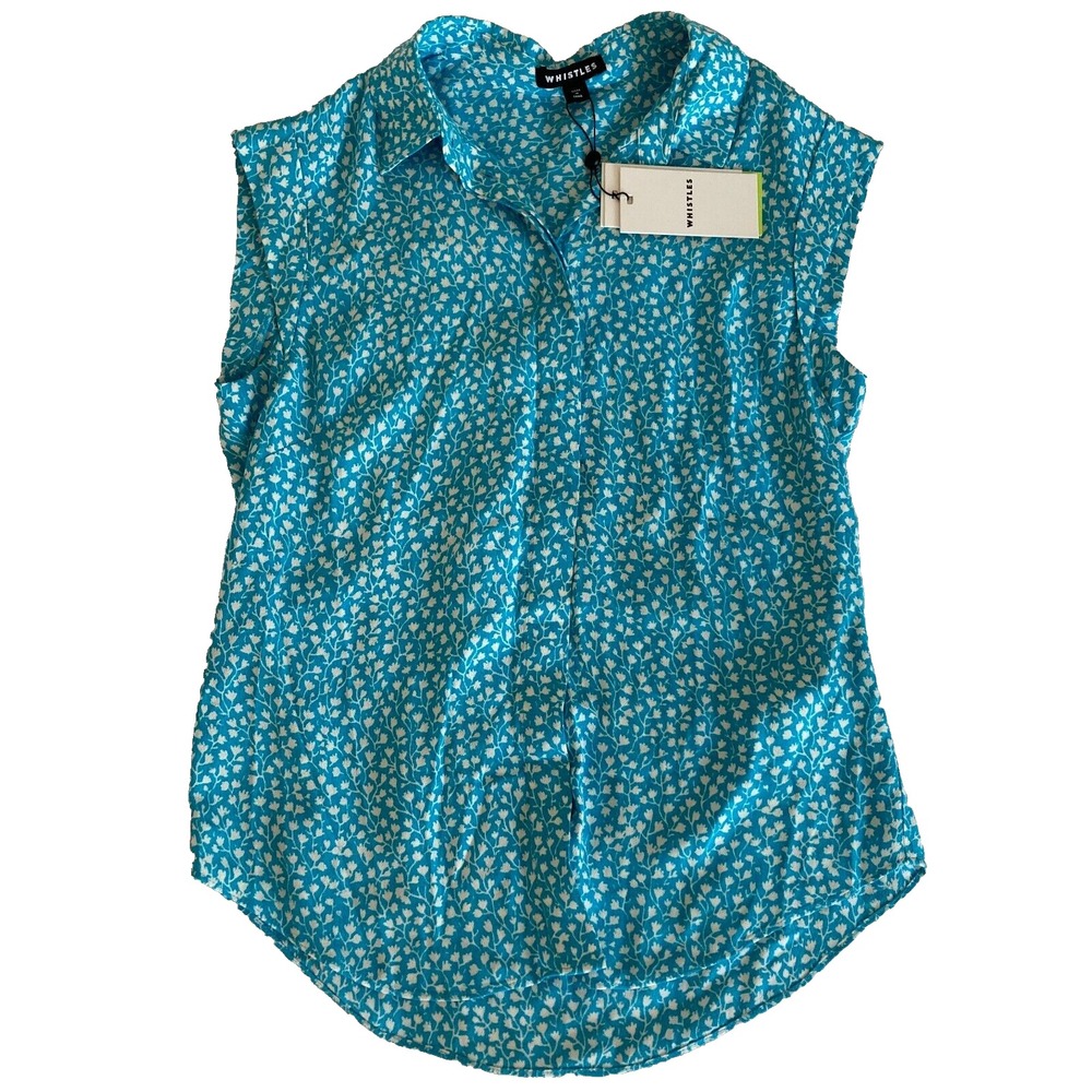 Whistles Flowerpod Sleeveless Shirt, Size US 2, UK6,EU 34, Blue, White, Collared